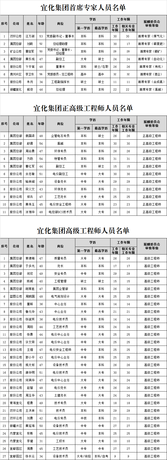 宜化集團首席專家、正高級工程師、高級工程師評審結果公示